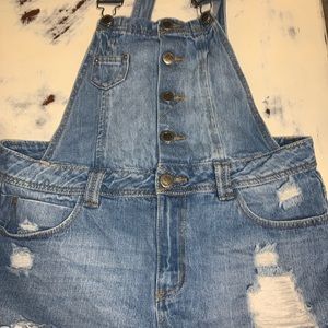 Distressed overall shorts
